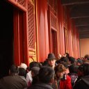 Clamoring for a photo opp inside one of the Forbidden City\'s temples