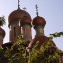 Onion domes on top of Orthodox Church in Bucharest