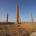 All that is left of the once sprawling Mussala Seminary are four massive minarets with remnants of turquoise tile work