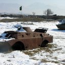 Burned out wrecks of Russian troop carriers still dot the country side