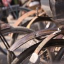 Bicycle hubcaps on all the rickshaws - rickshaw traffic jam