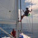 I'm working on the rigging while crossing the Pacific Ocean!