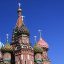 Closeup of St. Basil\'s Cathedral anchoring one end of Moscow\'s Red Square
