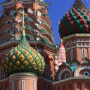 Closeup of the famous domes that form St. Basil\'s cathedral which anchors on end of Moscow\'s Red Square