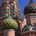 Closeup of the famous domes that form St. Basil\'s cathedral which anchors on end of Moscow\'s Red Square
