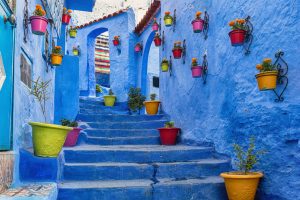 Blue staircase and wall decorated with colourful flowerpots, Chefchaouen medina in Morocco.