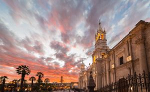 The Cathedral of Arequipa, Peru, at dusk