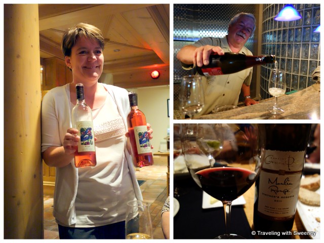"Restaurant manager, Beatrice Stutz, Hanspeter Stutz, and one of my favorite wines -- Grand Pré Moulin Rouge"