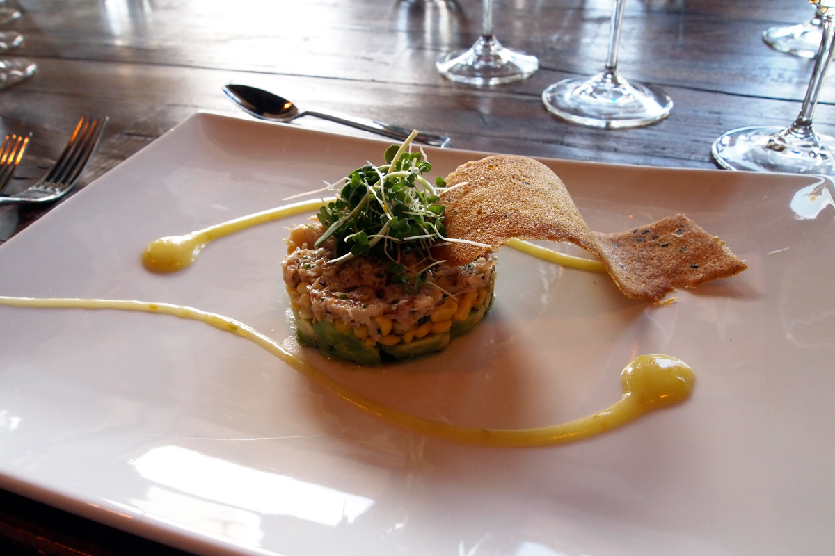 Crab Timbale—Avocado, Corn, and Robbins Family Mandarin Olive Oil