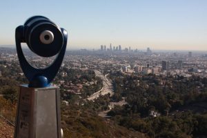 View from Mulholland Drive overlooking downtown Los Angeles in the distance and the 101 Freeway in the foreground