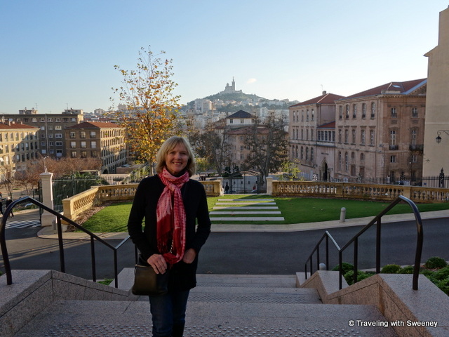 Arrived in Marseille! Beautiful backdrop of Marseille's Eiffel Tower, Basilica Notre Dame de la Garde from the steps of the InterContinental Marseille Hôtel Dieu