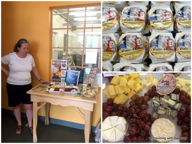 Ginette Bégin, owner of Fromagerie Le Détour in Témiscouata-sur-le-Lac (Notre-Dame-du-Lac), describing cheese selections, including award winner Le Verdict d'Alexina and their popular goat cheese, Grey Owl