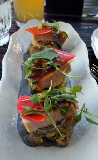 ALBACORE TWO WAYS / SEARED / TARTARE: lime salsa verde / crispy rice cakes / burnt onion crème fraiche / crispy eggplant / jalapeño infused leche de tigre