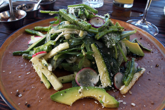 VERDE ES VIDA SALAD: salt-cured cactus / watercress / bloomsdale spinach / zucchini / chayote squash / purslane / mexican oregano vinaigrette / avocado / 18 month aged cotija