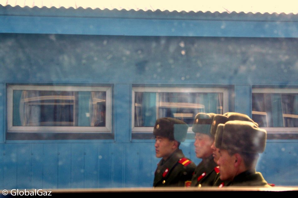 North Korean soldiers pose for a photo 