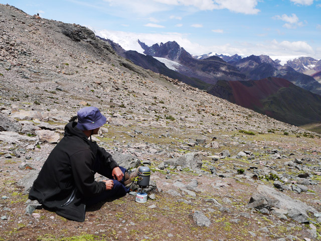 Making coffee with a view. 5000m aove sea level stopping for a coffee break on Mount Ausangate in Peru.