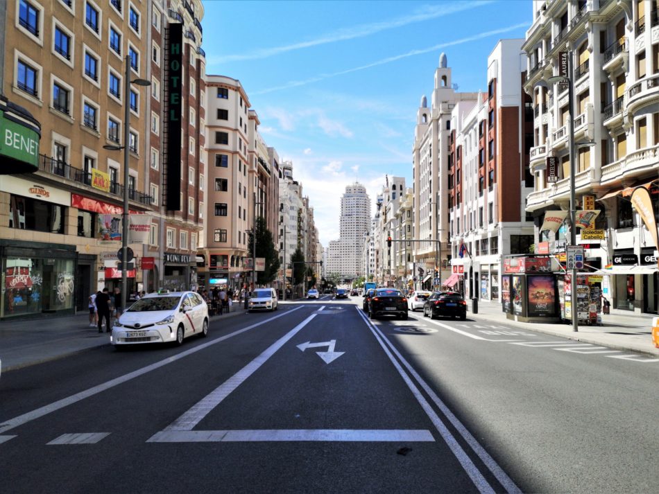 A landscape view down Gran Via in Madrid, Spain