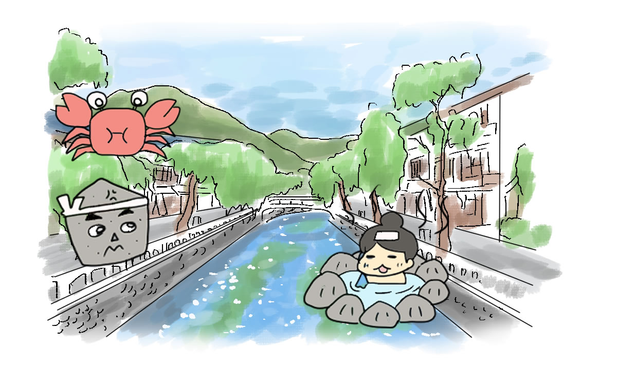 Illustrated scene of Kinosaki Onsen featuring a crab, basalt rock character, and a person relaxing in a hot spring bath