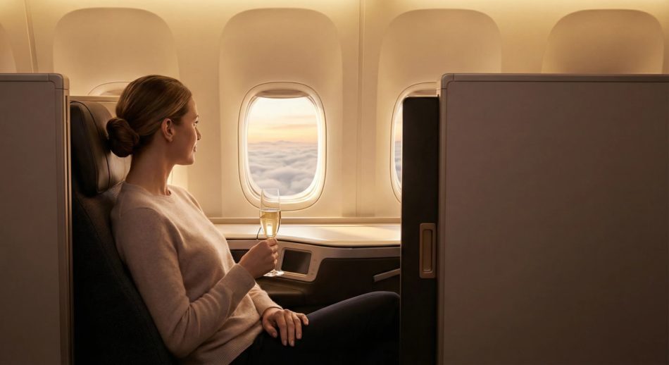 A passenger in a private business-class suite enjoys a glass of champagne while looking out the window at a sunset, emphasizing a serene journey.