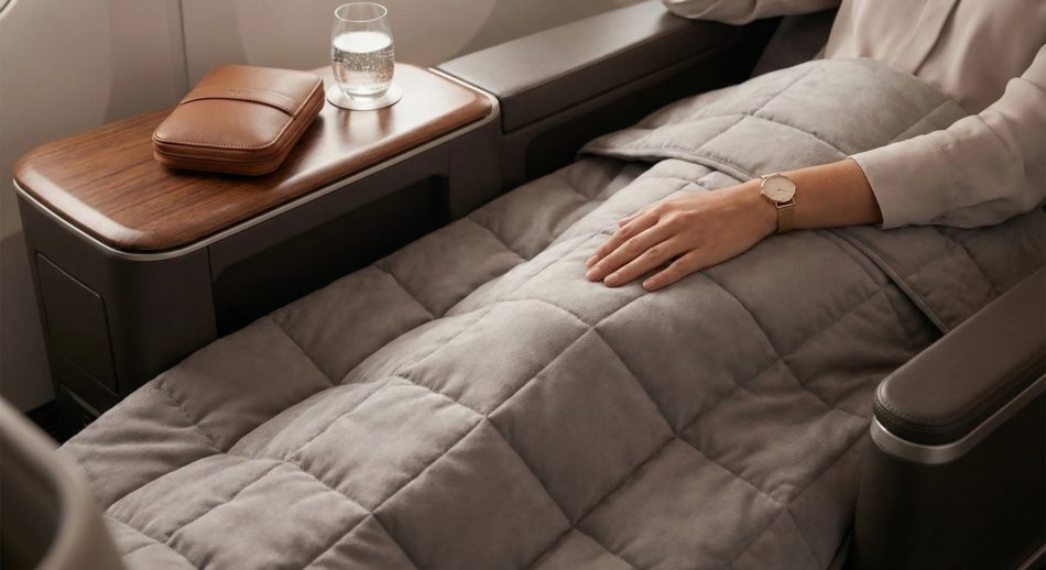 A close-up detail shot of a plush, lie-flat business-class seat with a soft duvet, highlighting premium comfort and personal space.